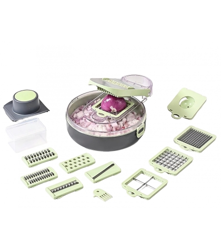 Feliator Multifunctional, Flippy, Razatoare, 8 in 1, pentru Fructe si Legume, 12 Piese, Lame de Inox, Recipient Stocare, Separator Oua, Protectie Mana, ABS, Gri/Verde, 29.5x9x21.8 cm