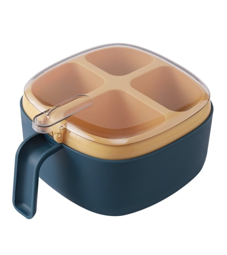 Recipient pentru condimente Flippy, 4 casute, potrivit pentru sare, cimbru, piper, condimente, 4 lingurite din plastic, capac din plastic, maner, 14x14x8 cm, albastru