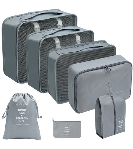 Set 7 Genti de Calatorie, Flippy, pentru Depozitare, Compresibile, 7 Dimensiuni, Impermeabile, Design cu Plasa, Pliabile, Manere Robuste, Fermoar dublu, Gri