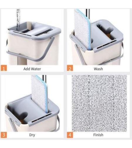 Set de curatenie Flippy, mop si galeata, galeata 6 l, 2 rezerve microfibra incluse, design modern, pentru interior, material plastic, peri sintetici, plat, cu storcere, bej