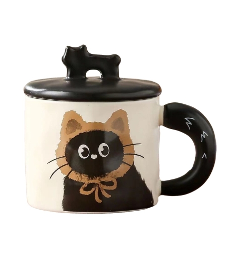 Cana din Ceramica, Flippy, Model in Cutie pentru Cadou, Cana pentru Ceai, Cafea, Cana Retro Design Capac cu Figurina 3D, 9.5 x 8 x 8 cm, 360 ml, Bej, Print Pisica Maro Negru