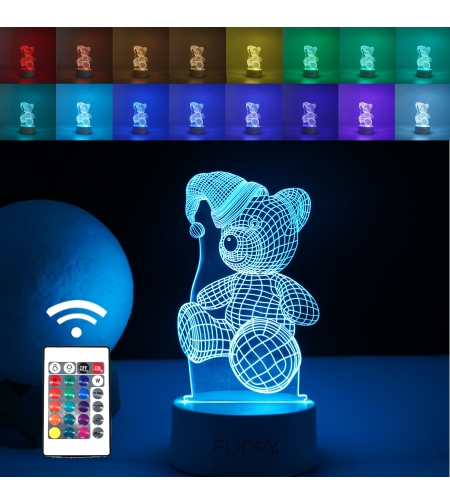 Lampa LED decorativa, Flippy, 3D, Urs cu palarie, cu telecomanda, doua moduri de alimentare USB si baterii, 20 cm inaltime, din material acril si lumina multicolora, alb