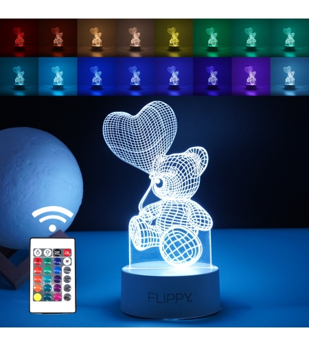 Lampa LED decorativa, Flippy, 3D, Ursulet cu balon inima, cu telecomanda, doua moduri de alimentare USB si baterii, 20 cm inaltime, din material acril si lumina multicolora, alb