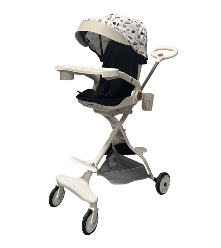 Carucior Sport Flippy 3in1, 6-36 Luni, Reversibil, Pliabil, Tavita pentru Masa, Pozitie de Somn, Centura de Siguranta, Roti 360, Suport Pahar, Copertina pentru Soare, 32x63x95cm, Bej Model Cosmos