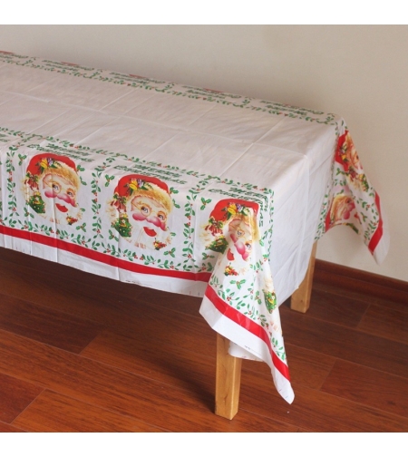 Fata de masa dreptunghiulara Flippy, PVC, 2.5 mm grosime, imprimeu Mos Craciun, potrivit pentru Craciun, utilizare multipla, 180 x 108 cm, alb