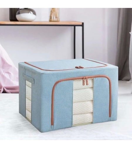Cutie de Depozitare Pliabila, Flippy, 66 L, din Bumbac si In, 50x40x33 cm, 2 Ferestre, Frontala si Laterala, 2 Usi de Acces cu Fermoar Bidirectional, Cadru Metalic, Suport Baza Stabil din Plastic, Bleu