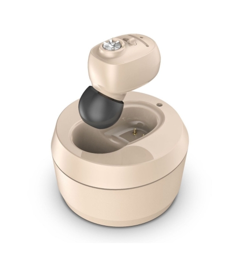 Aparat Auditiv Intraauricular In-Ear, Flippy, Amplificator de sunet pentru Auz, Minuscul Design Nou, 14 x 10 x 3.8 cm, 116 gr, Camel