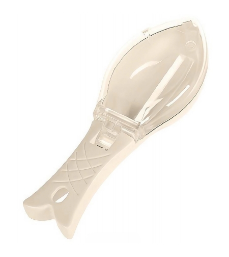 Curatator Manual Solzi de Peste, Flippy, Forma Peste , Recipient cu Capcac pentru Solzi, Plastic, Roz pal, 16x6 cm