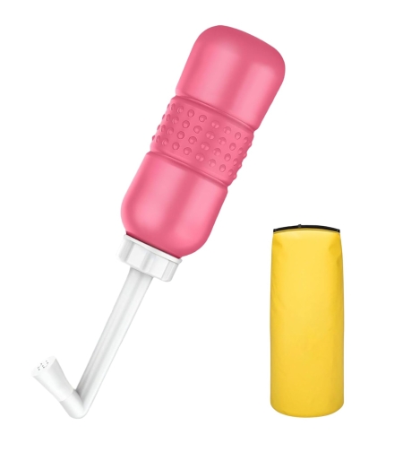 Bideu Portabil pentru Igiena Intima, Flippy, pentru Postpartum/ Postoperator, 450 mL, cu Capac si Husa Galbena, 29.5x7 cm, Culoare Recipient Roz