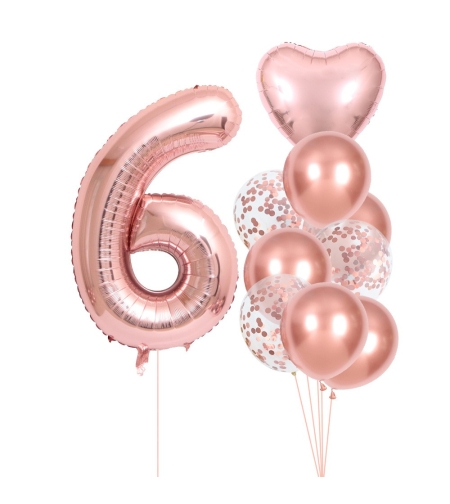 Set 10 Baloane Folie si Latex, Flippy, Tematica Aniversare, Baloane Latex 25cm, Figurina Inimioara 45 cm, Cifra 6 de 81 cm, Ambalaj Individual, Pai Inclus, Umflare cu Aer sau Heliu, Roz Pal