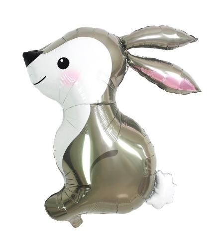 Balon din Folie Metalizata, Flippy, Ambalaj Individual, Pai Inclus, Model Iepure, Tema Animalute, 56x73 cm, Umflare cu Aer sau Heliu, Gri