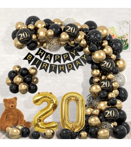 Set Baloane Folie si Latex, Flippy, Tematica Aniversare, Baloane Latex, Figurine Cifrele 2 si 0, Ambalaj Individual, Pai Inclus, Umflare cu Aer sau Heliu, Auriu Negru