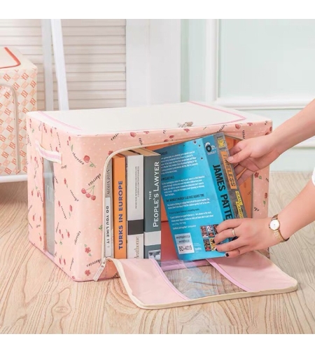 Cutie de Depozitare Pliabila, Flippy, 66 L, din Tesatura Oxford, 50x40x33 cm, 2 Ferestre, Frontala si Laterala, 2 Usi de Acces cu Fermoar Bidirectional, Cadru Metalic, Suport Baza Stabil din Plastic, Imprimeu Cirese, Roz