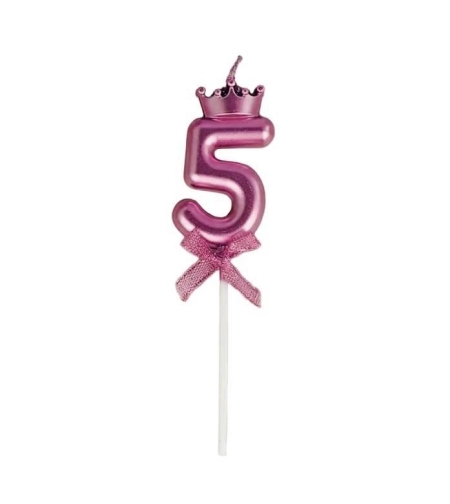 Lumanare Cifra 5, Flippy, Model Coroana cu Fundita, Pentru Tort, 6 x 2.5 cm Mov