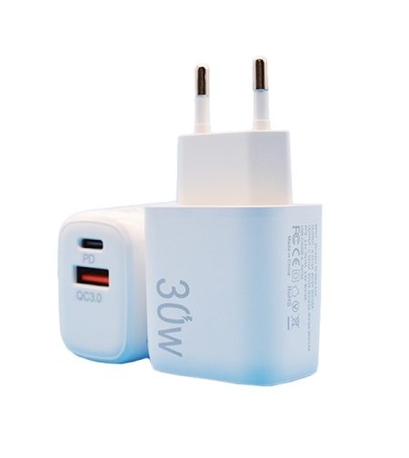 Incarcator Fast Charging pentru Telefon, Flippy, Dual Port USB-A si USB-C cu Cap de Incarcare Standard European, 30W Q.C 3.0, Alb
