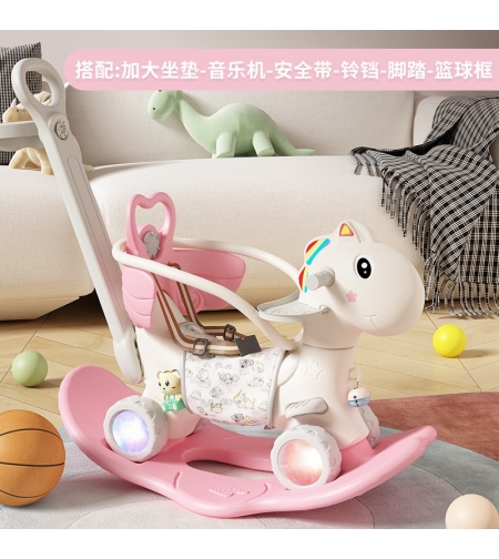 Balansoar pentru Copii, Flippy, 3in1, cu Spatar si Bara de Siguranta, Maner cu Cos de Basket, Tava de Masa, Roti Luminoase, 80 x 43 x 83 cm, din Plastic, + 3 Ani, Roz