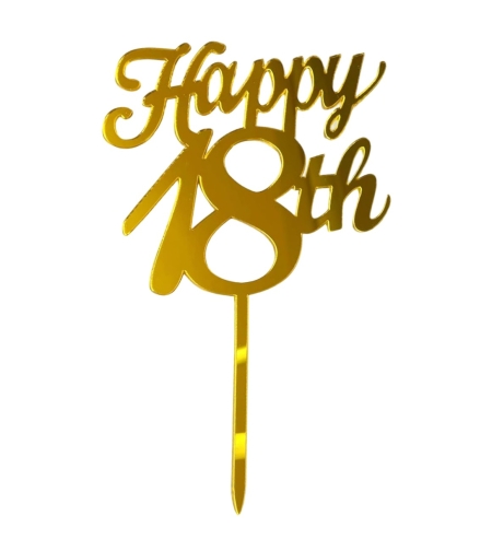 Decoratiune Topper pentru Tort, Flippy, Model Happy18th, Dimensiuni 10 cm, Tematica Majorat, Auriu