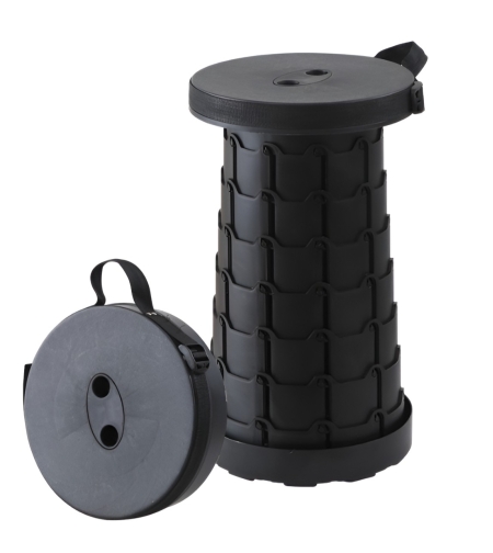 Scaun Telescopic Pliabil pentru Camping si Pescuit, Flippy, Portabil, Universal, Sustine 150 kg, ABS, Diametru 25 cm, Extensibil, Inaltime 45 cm, Negru