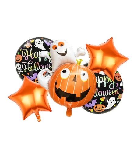 Set 5 Baloane din Folie Metalizata, Flippy, Figurine, Tema Halloween, Pai Inclus, Ambalaj Individual, Umflare cu Aer sau Heliu, Figurina Dovleac cu Fantoma 64x80 cm, Stelute si Cerculete 45 cm, Multicolor