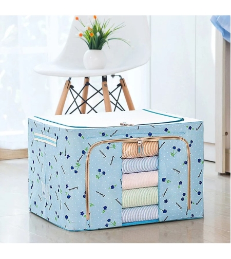Cutie de Depozitare Pliabila, Flippy, 24 L, Panza Oxford, 40x30x20 cm, Fereastra Frontala, 2 Usi de Acces cu Fermoar Bidirectional, Cadru Metalic, Suport Baza Stabil din Plastic, Imprimeu cirese, Albastru