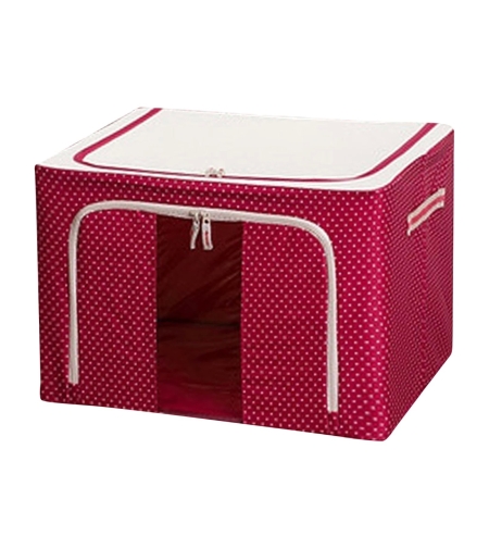 Cutie de Depozitare Pliabila, Flippy, 24 L, Panza Oxford, 40x30x20 cm, Fereastra Frontala, 2 Usi de Acces cu Fermoar Bidirectional, Cadru Metalic, Suport Baza Stabil din Plastic, Imprimeu Buline, Rosu