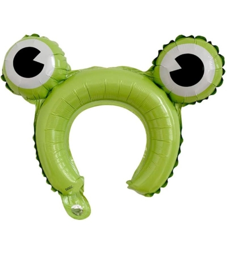 Balon din Folie Metalizata, Flippy, Tip Coronita cu Urechi, Model Broasca, Ambalaj Individual, Pai Inclus, Umflare cu Aer sau Heliu, 28 x 31 cm, Verde