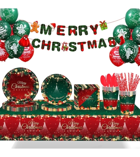 Set 119 Piese, Flippy, pentru Masa de Craciun, Farfurii 18 cm, Farfurii 23 cm, Pahare, Servetele, Tacamuri, Fata de Masa, Ghirlanda, Paie, Rosu/Verde