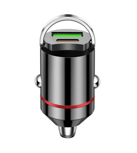 Adaptor Auto 2 in 1, Flippy, din Aliaj, Port TYPE-C, PORT USB, 100 W, Inel Metalic de Tragere, practic Invizibil, Incarcare Mega Rapida, Negru