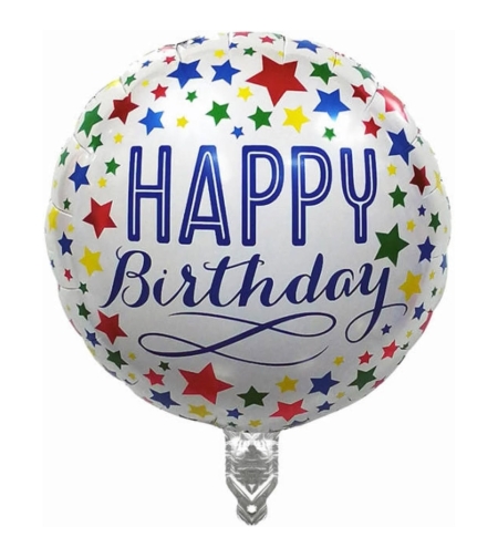Balon din Folie Metalizata, Flippy, Mini Figurina Rotunda, Model Happy Birthday, Tema Aniversare, 45 cm, Ambalaj Individual, Pai inclus, Umflare cu Aer sau Heliu, Multicolor
