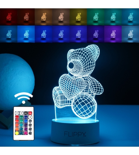 Lampa LED decorativa, Flippy, 3D, ursulet, din material acril si lumina multicolora, alb