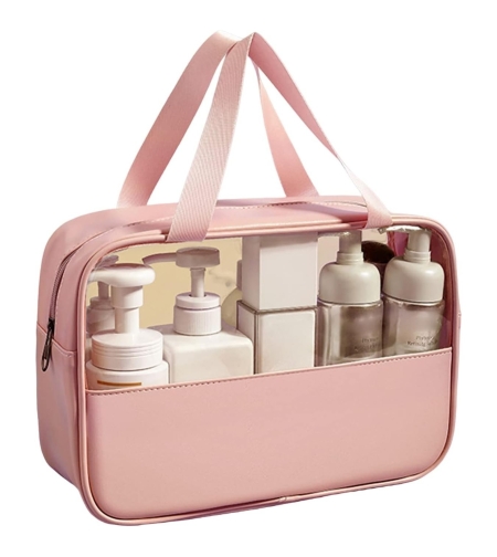 Geanta pentru cosmetice, Flippy, Geanta pentru Voiaj sau Organizarea produselor Cosmetice, Geanta pentru Machiaj, din PVC si PU, 26 x 15 x 10 cm, Roz