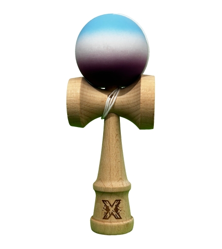 Jucarie Interactiva Kendama X Profesionala, Flippy, din Lemn cu Bila cu Invelis din Cauciuc, 18 cm, Joc de Indemanare pentru Copii si Adulti, Gradient Albastru Alb Mov