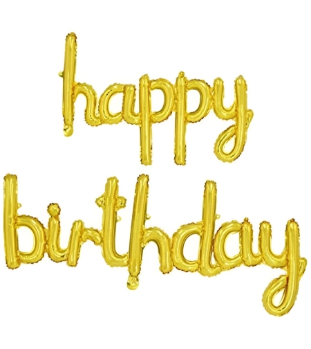 Set Baloane din Folie Metalizată, Flippy, Model Happy Birthday, 45x85 cm, 45x124cm, Baloane Party, Ambalaj Individual, Pai inclus, Umflare cu Aer sau Heliu, Gold