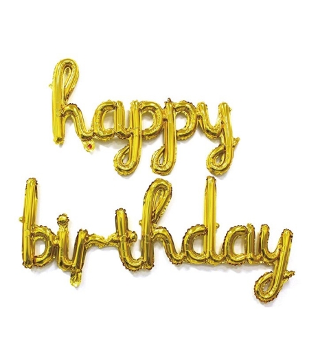 Set 10 Baloane din Folie Metalizata, Flippy, Figurine Litere, Model Scris de Mana Happy Birthday, Tema Aniversare, 40 cm, Ambalaj Individual, Pai Inclus, Umflare cu Aer sau Heliu, Auriu