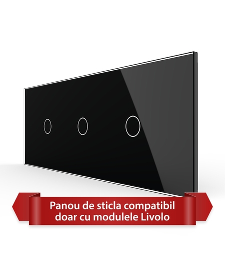 Panou Intrerupator Simplu + Simplu + Simplu cu Touch LIVOLO din Sticla, Standard Italian - 6/7M, negru