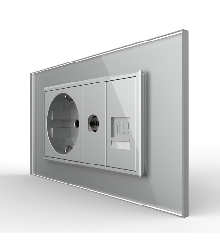 Priza Dubla Livolo cu Rama din Sticla 1 Priza Schuko+TV/internet, Standard Italian - Serie Noua, gri