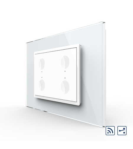 Intrerupator cvadruplu cap scara / cap cruce wireless cu touch Livolo cu rama din sticla, standard Italian - Serie noua, alb