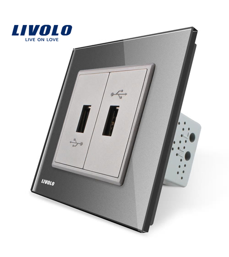 Priza dubla USB Livolo cu rama din sticla, gri