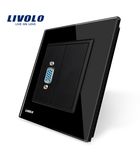 Priza cu mufa VGA mama Livolo cu rama din sticla, negru