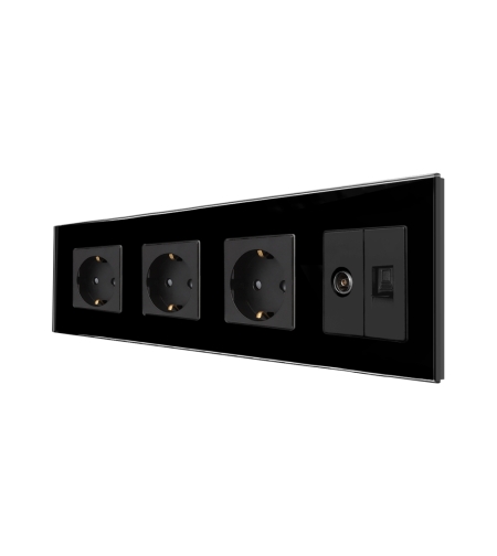 Priza Tripla Schuko + TV + Internet cu Rama Din Sticla LUXION, negru
