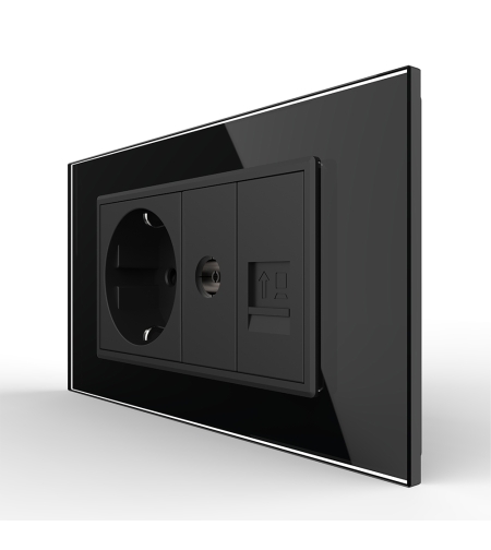 Priza Dubla Livolo cu Rama din Sticla 1 Priza Schuko+TV/internet, Standard Italian - Serie Noua, negru