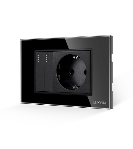 Intrerupator Dublu + Priza cu Rama din Sticla LUXION, Standard Italian, 3M, negru