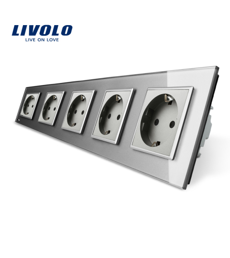Priza cvintupla Livolo cu rama din sticla, gri