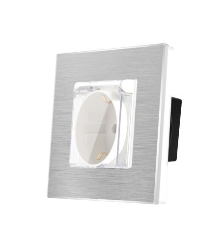 Priza Simpla cu Capac de Protectie LUXION cu rama din aluminiu, alb