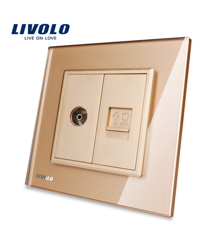 Priza dubla TV + priza internet Livolo cu rama din sticla, auriu