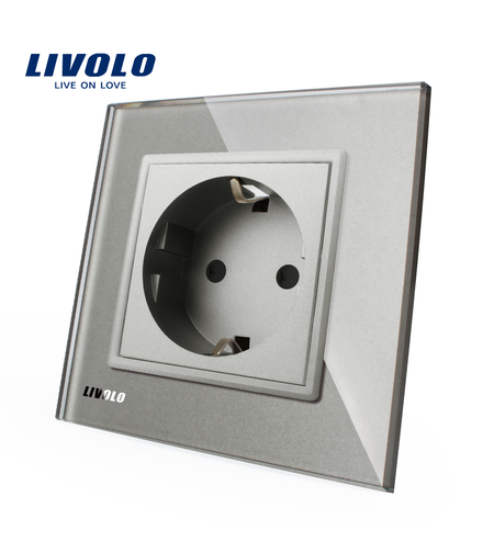 Priza simpla Livolo cu rama din sticla, gri