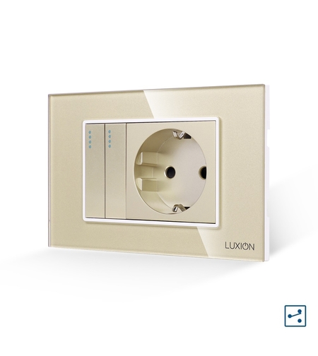 Intrerupator Dublu Cap Scara + Priza cu Rama din Sticla LUXION, Standard Italian, 3M, auriu