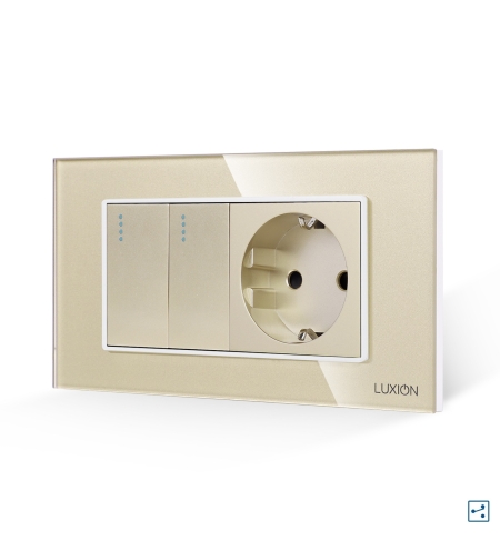 Intrerupator Dublu Cap Scara + Priza cu Rama din Sticla LUXION, Standard Italian, 4M, auriu