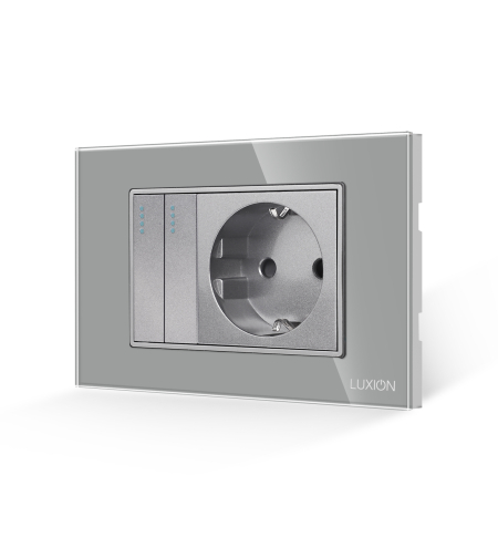 Intrerupator Dublu + Priza cu Rama din Sticla LUXION, Standard Italian, 3M, gri