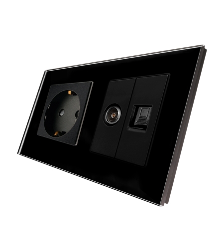 Priza Schuko + TV + Internet cu Rama Din Sticla LUXION, negru